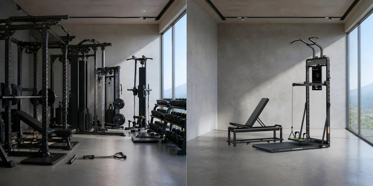 A room of separate gym stations beside one OMNI X1 Pro in an empty room